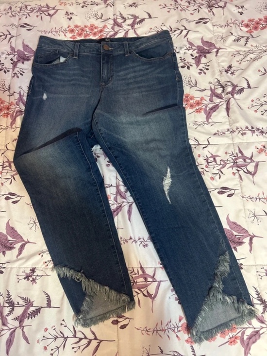 1822 Denim Denim - 1822 Denim Blue Medium Wash Distressed Fringe Tulip Hem Hippie Jeans Sz. 16